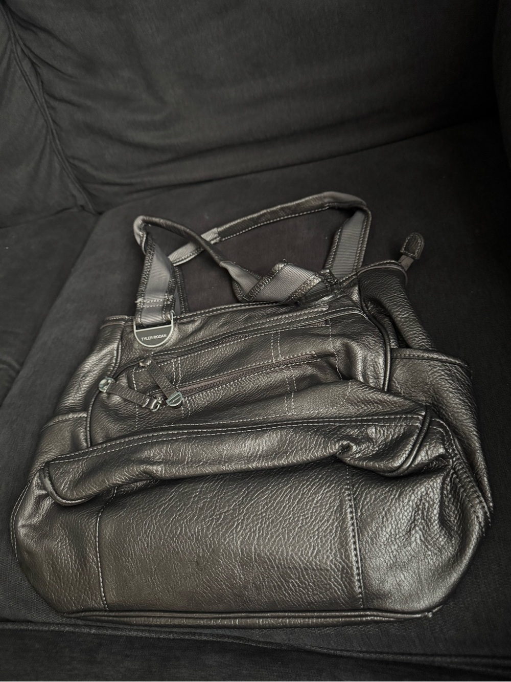 Tyler Rodan Black Solid Shoulder Bag, Zip Top, Lined, Double Handles, Silver